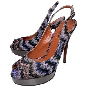 Missoni 38.5 8 Purple Black Rashel Zig Zag Peep Toe Platform Slingback Heels